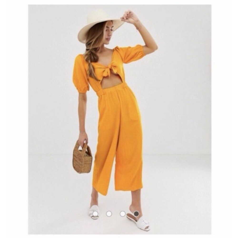 ASOS Design Women's 14 Puff Sleeve‎ Tie Front Detail Tea Jumpsuit Wide Leg